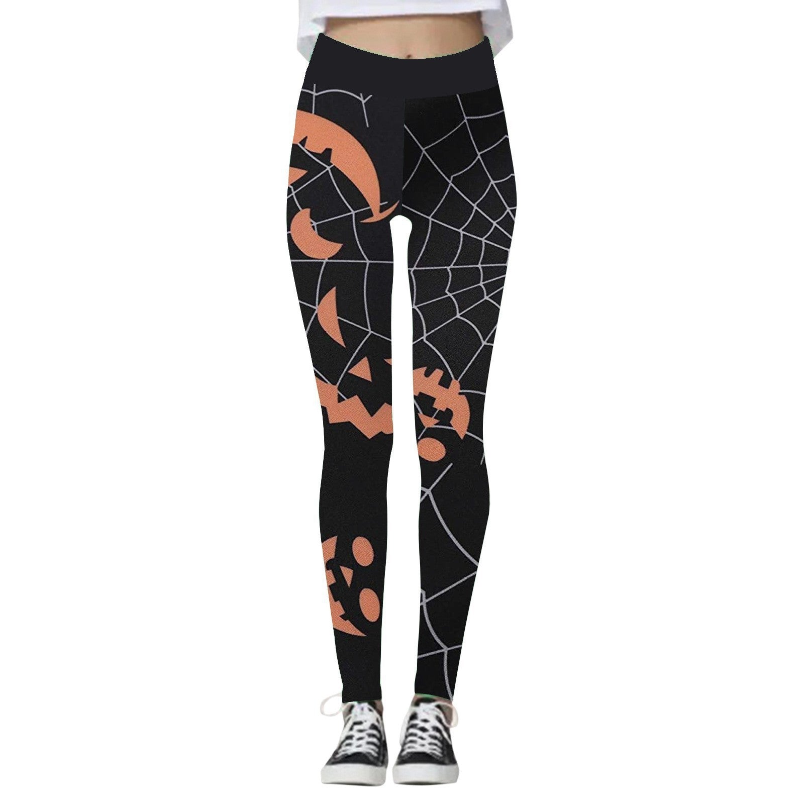 Halloween Women’s Yoga Pants – Pumpkin & Skull Print Activewear - SKY SUPPLYIFY 