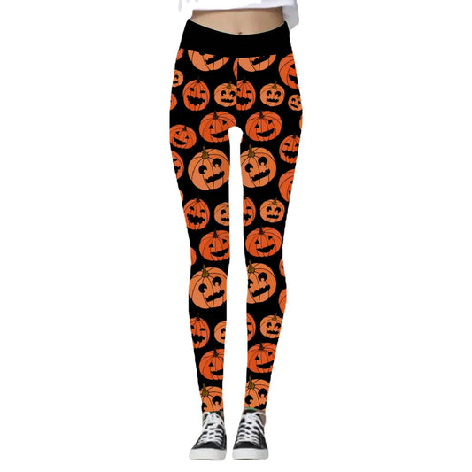 Halloween Women’s Yoga Pants – Pumpkin & Skull Print Activewear - SKY SUPPLYIFY 